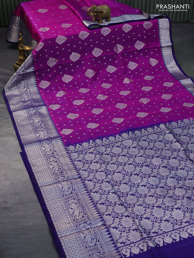 Venkatagiri silk saree purple and dark blue with silver zari woven buttas and long silver zari woven annam border