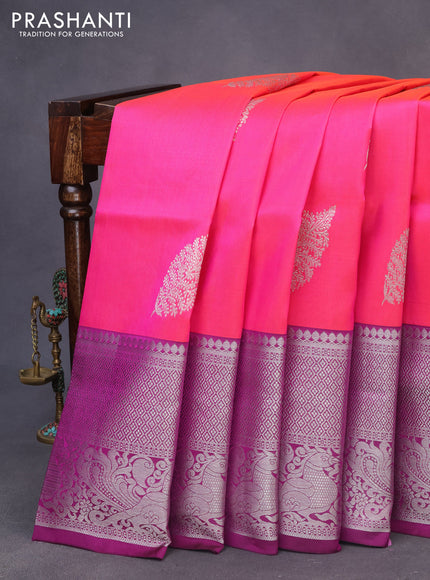 Venkatagiri silk saree csndy pink and purple with silver zari woven buttas and long silver zari woven annam border