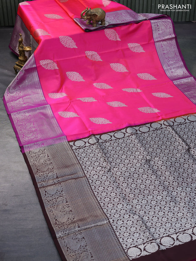 Venkatagiri silk saree csndy pink and purple with silver zari woven buttas and long silver zari woven annam border