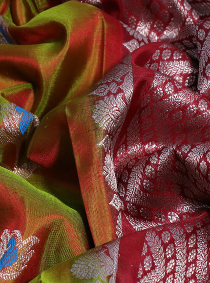 Venkatagiri silk saree dual shade of mehendi green and maroon with thread & silver zari woven floral buttas and long silver zari woven border