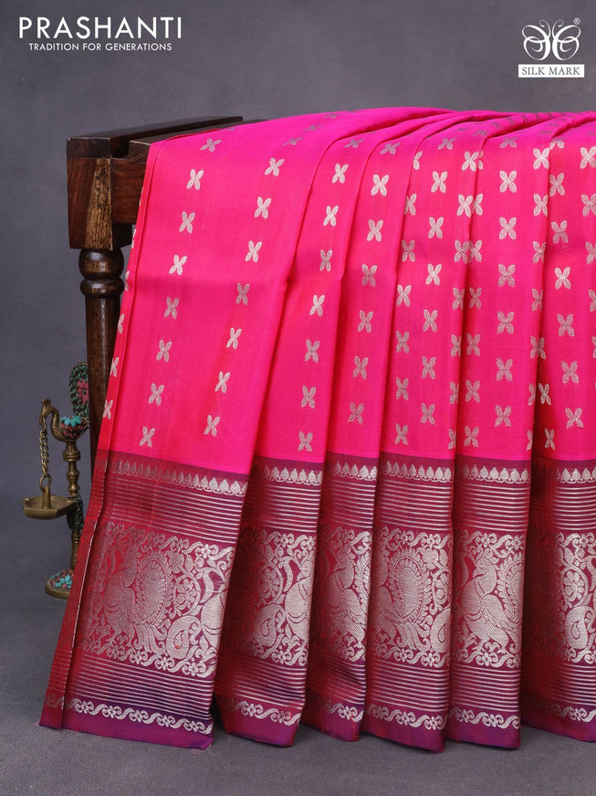 Venkatagiri silk saree pink and blue with allover silver zari woven floral buttas and long silver zari woven border