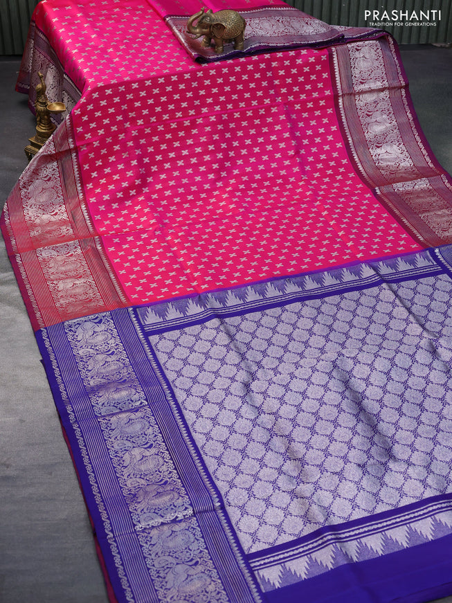 Venkatagiri silk saree pink and blue with allover silver zari woven floral buttas and long silver zari woven border