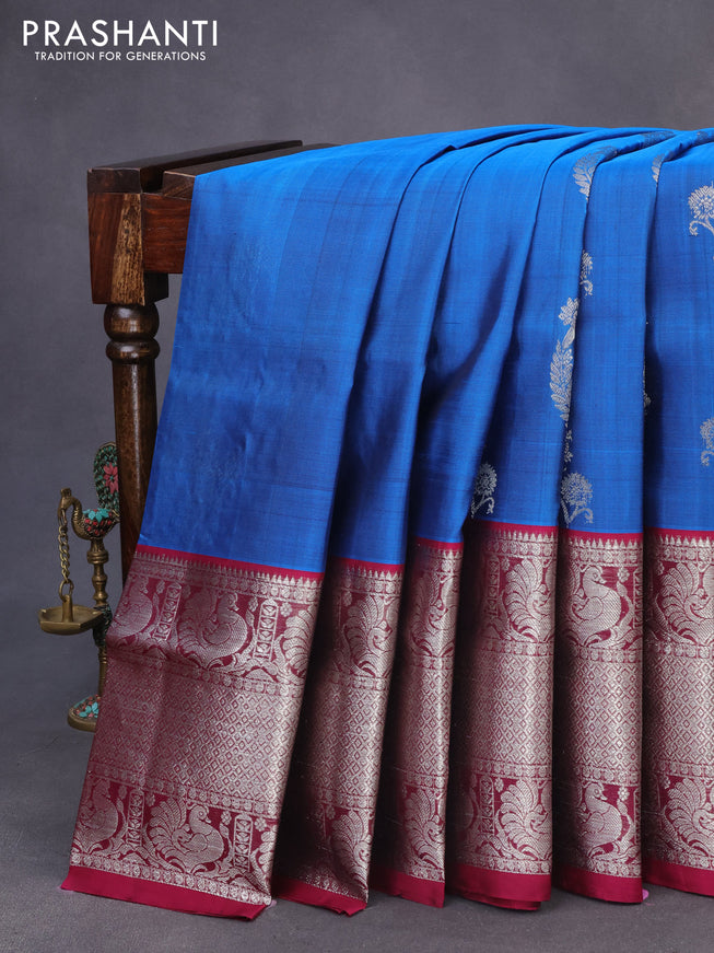 Venkatagiri silk saree cs blue and magenta pink with silver zari woven floral buttas and long silver zari woven border