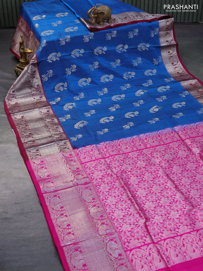 Venkatagiri silk saree cs blue and magenta pink with silver zari woven floral buttas and long silver zari woven border