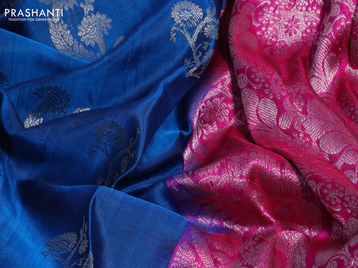 Venkatagiri silk saree cs blue and magenta pink with silver zari woven floral buttas and long silver zari woven border