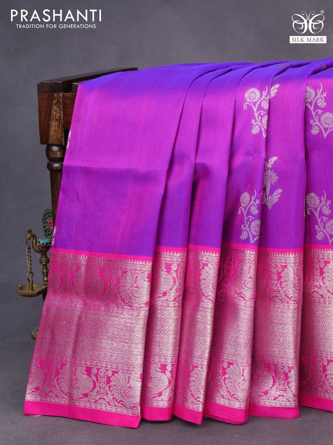 Venkatagiri silk saree dual shade of purple and pink with silver zari woven floral buttas and long silver zari woven border