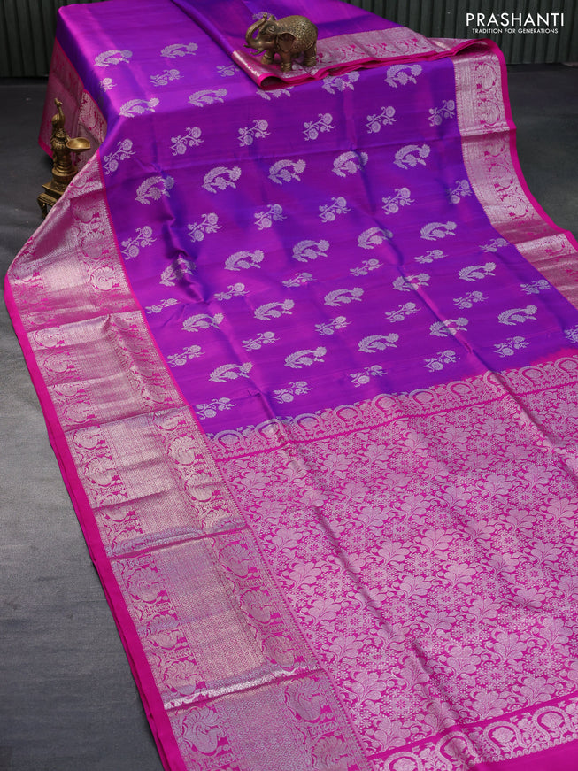 Venkatagiri silk saree dual shade of purple and pink with silver zari woven floral buttas and long silver zari woven border