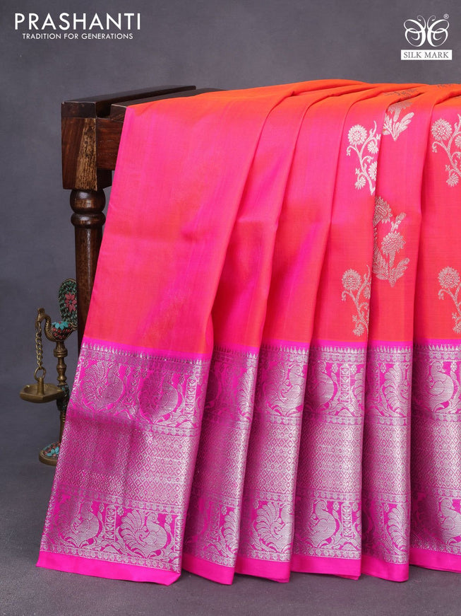 Venkatagiri silk saree dual shade of pinkish orange and pink with silver zari woven floral buttas and long silver zari woven border