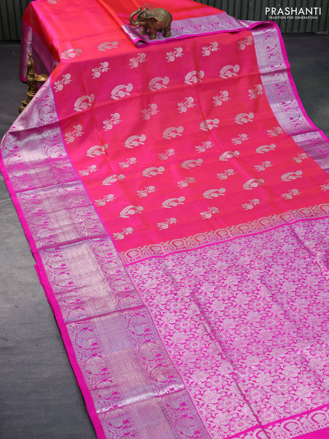 Venkatagiri silk saree dual shade of pinkish orange and pink with silver zari woven floral buttas and long silver zari woven border