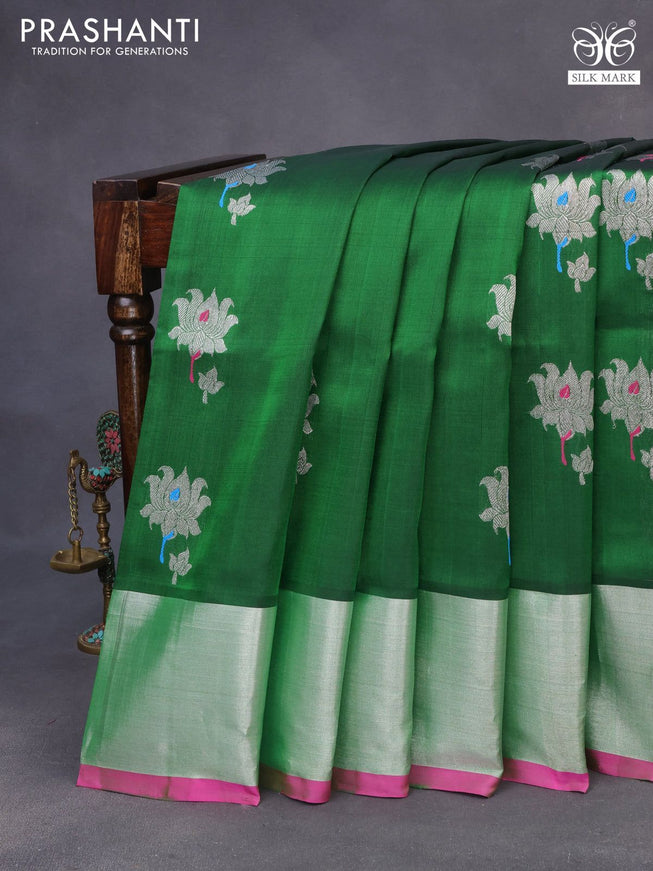 Venkatagiri silk saree green and pink with silver zari woven floral buttas and silver zari woven border