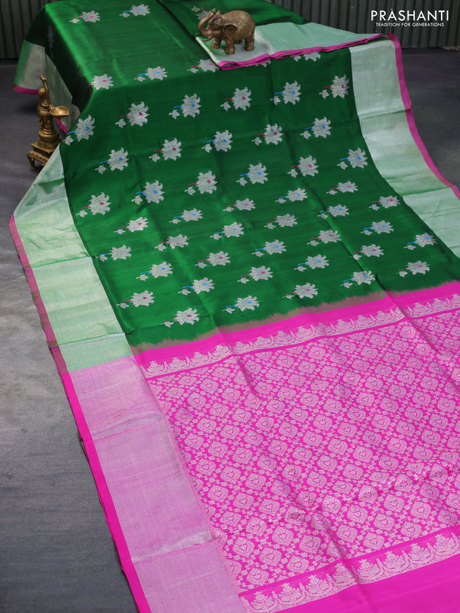 Venkatagiri silk saree green and pink with silver zari woven floral buttas and silver zari woven border