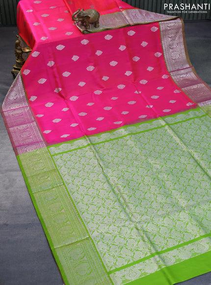 Venkatagiri silk saree candy pink and light green with silver zari woven buttas and annam design silver zari woven border