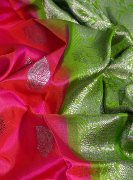 Venkatagiri silk saree candy pink and light green with silver zari woven buttas and annam design silver zari woven border