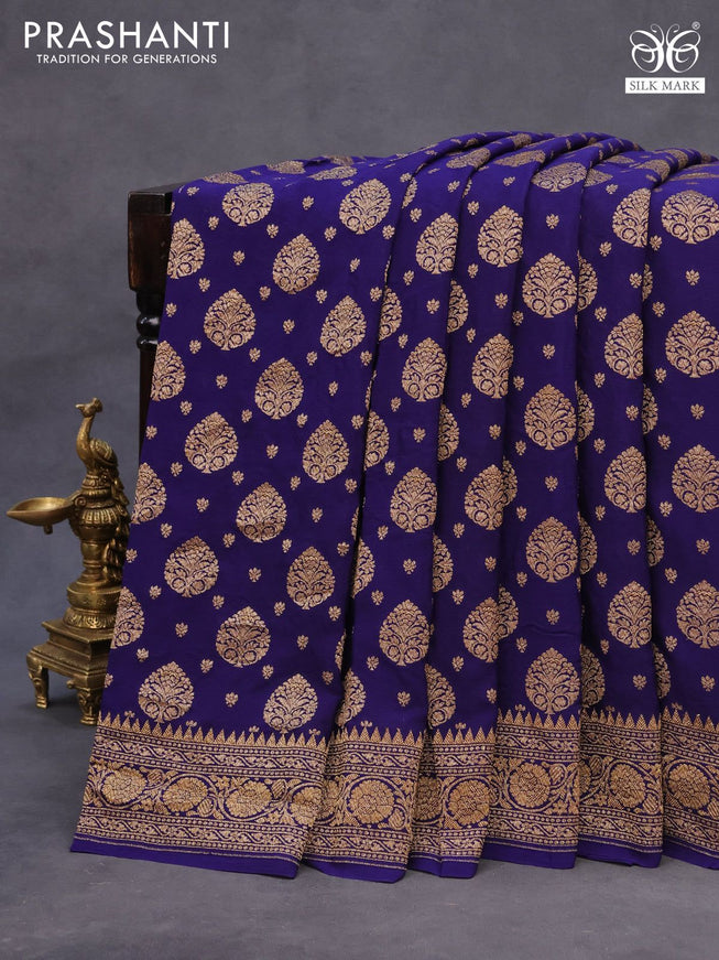 Pure banarasi crepe silk saree blue with allover thread woven butta weaves and woven border