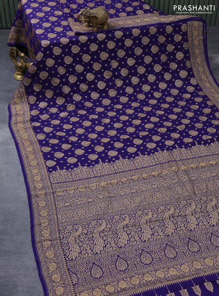 Pure banarasi crepe silk saree blue with allover thread woven butta weaves and woven border