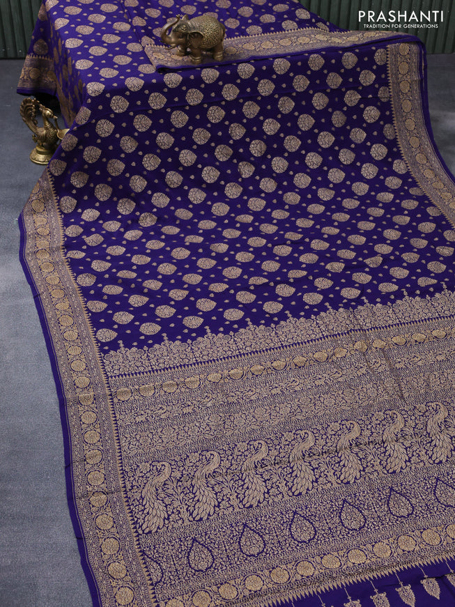 Pure banarasi crepe silk saree blue with allover thread woven butta weaves and woven border