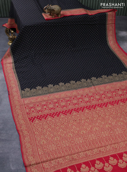 Pure banarasi crepe silk saree black and red with allover thread woven butta weaves and woven border