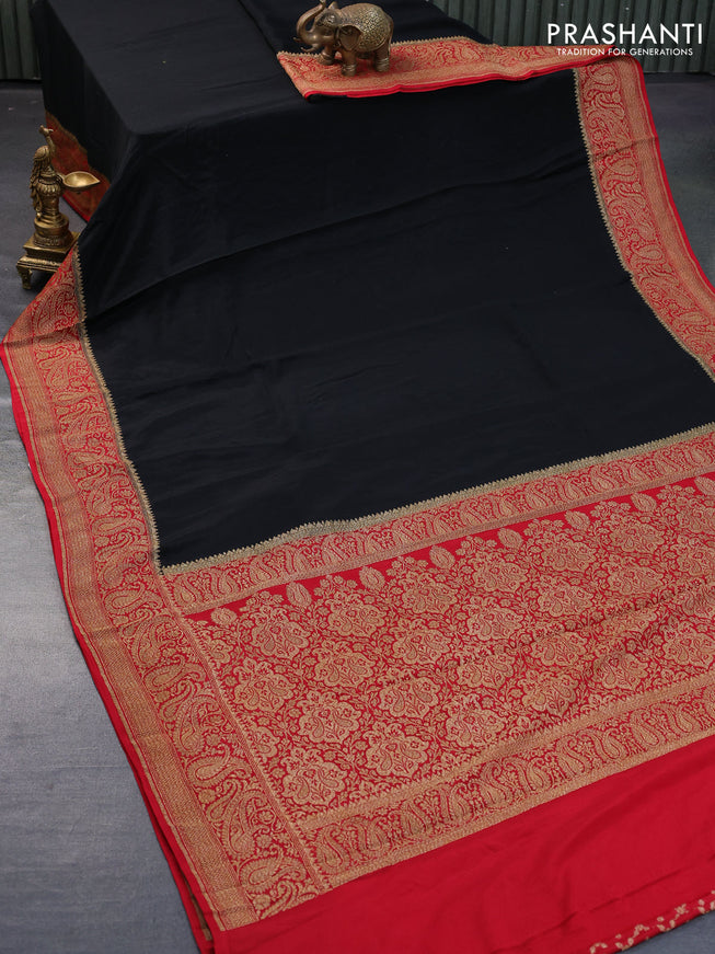 Pure banarasi crepe silk saree black and red with plain body and woven border