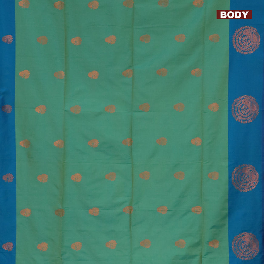 Semi soft silk saree dual shade of green and dual shade of bluish green with copper zari woven buttas and zari woven butta border