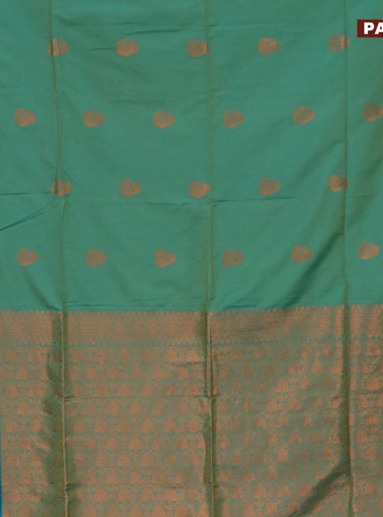 Semi soft silk saree dual shade of green and dual shade of bluish green with copper zari woven buttas and zari woven butta border