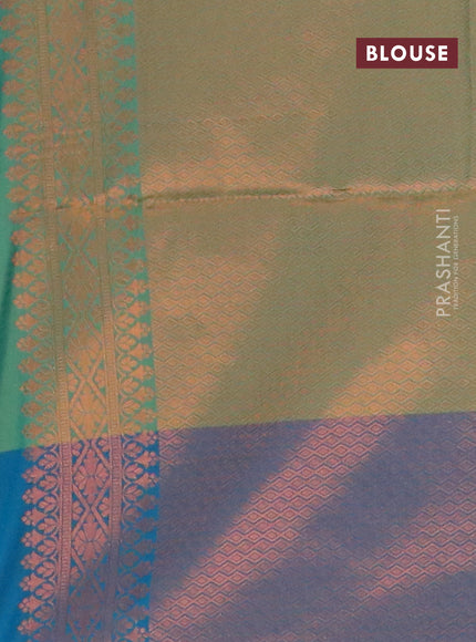 Semi soft silk saree dual shade of green and dual shade of bluish green with copper zari woven buttas and zari woven butta border