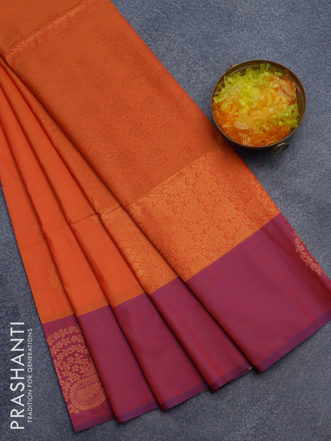 Semi soft silk saree dual shade of orange and dual shade of purple with copper zari woven buttas and zari woven butta border