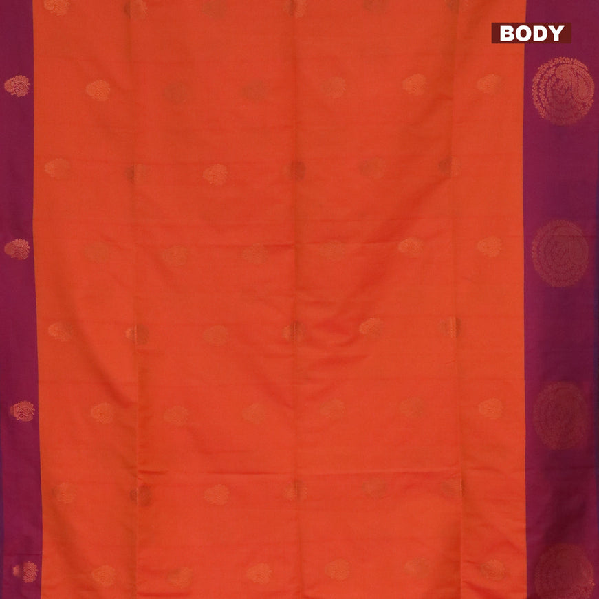 Semi soft silk saree dual shade of orange and dual shade of purple with copper zari woven buttas and zari woven butta border