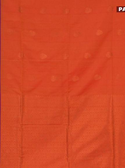 Semi soft silk saree dual shade of orange and dual shade of purple with copper zari woven buttas and zari woven butta border