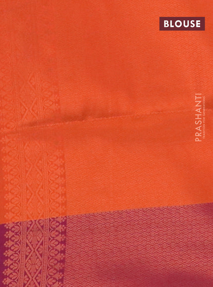 Semi soft silk saree dual shade of orange and dual shade of purple with copper zari woven buttas and zari woven butta border