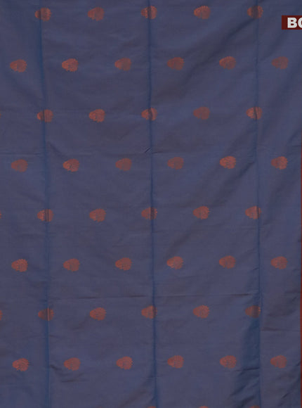 Semi soft silk saree dual shade of blue and dual shade of rust with copper zari woven buttas and zari woven butta border