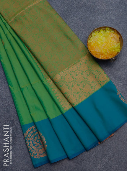 Semi soft silk saree light green and dual shade of green with copper zari woven buttas and zari woven butta border