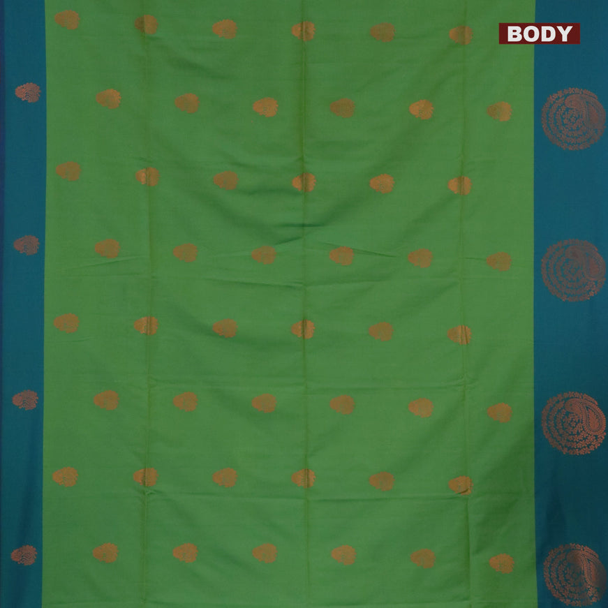 Semi soft silk saree light green and dual shade of green with copper zari woven buttas and zari woven butta border