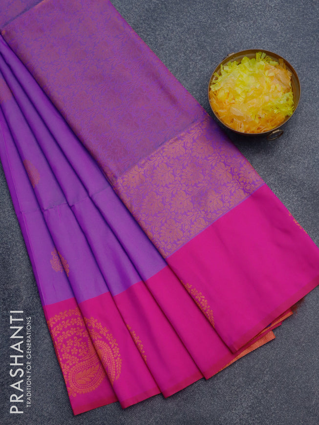 Semi soft silk saree purple and pink with copper zari woven buttas and zari woven butta border