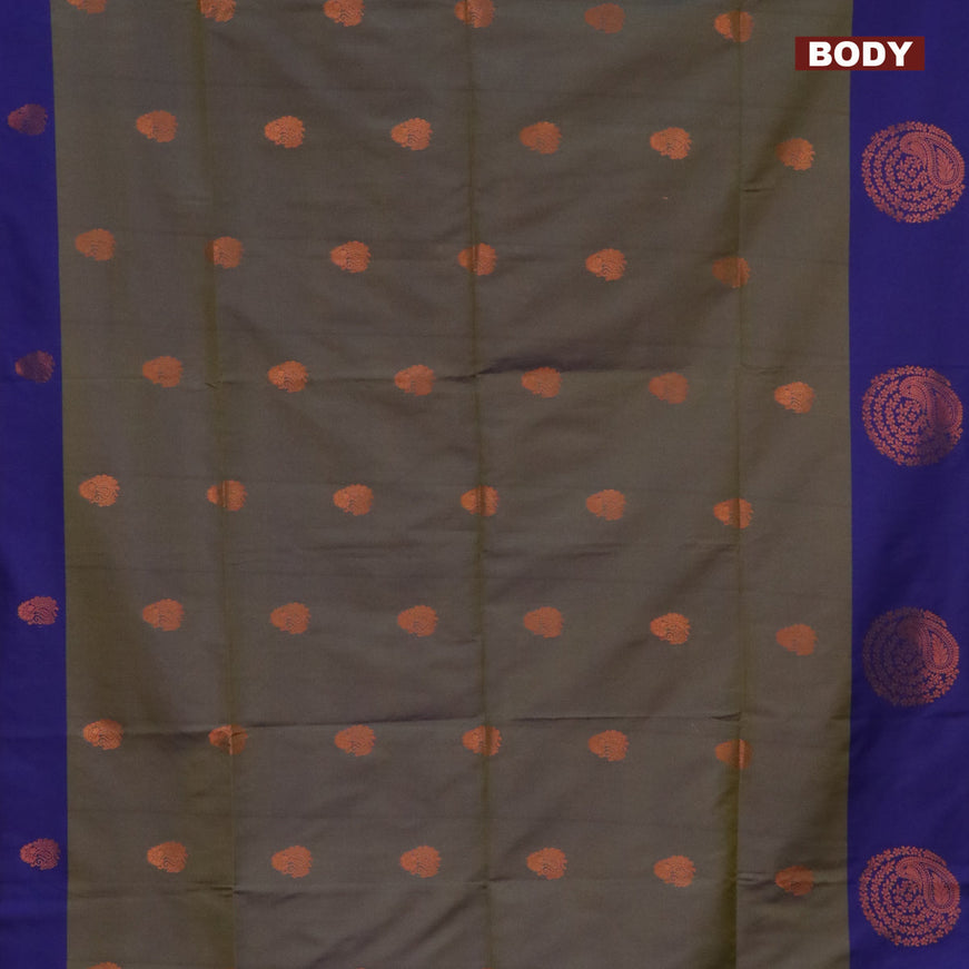 Semi soft silk saree dual shade of sap green and blue with copper zari woven buttas and zari woven butta border