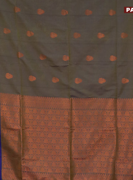 Semi soft silk saree dual shade of sap green and blue with copper zari woven buttas and zari woven butta border