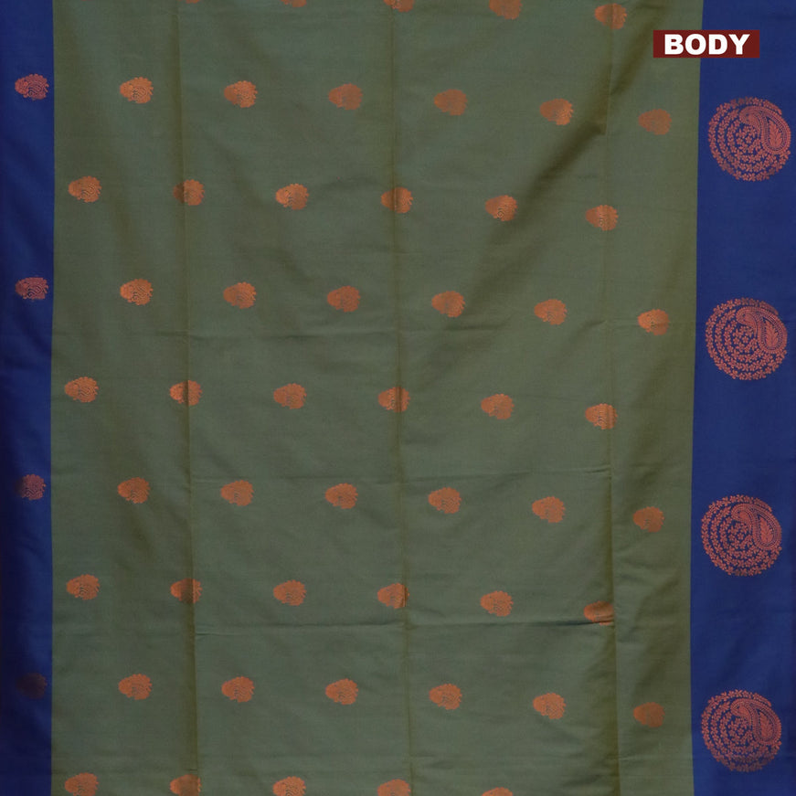 Semi soft silk saree dual shade of green and dual shade of blue with copper zari woven buttas and zari woven butta border