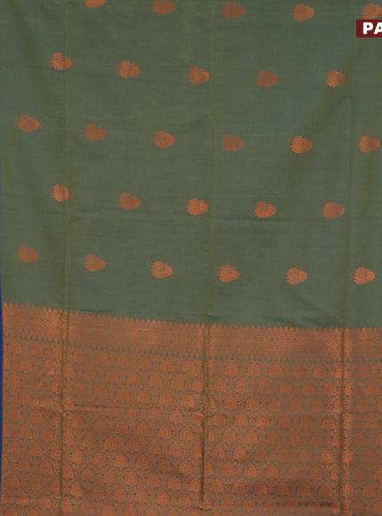 Semi soft silk saree dual shade of green and dual shade of blue with copper zari woven buttas and zari woven butta border