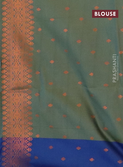 Semi soft silk saree dual shade of green and dual shade of blue with copper zari woven buttas and zari woven butta border