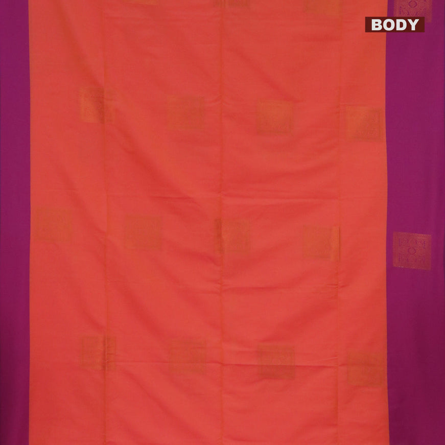 Semi soft silk saree dual shade of pinkish orange and purple with copper zari woven box type buttas and simple border