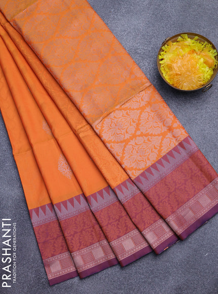 Semi soft silk saree orange and dual shade of rust with allover zari weaves and zari woven border