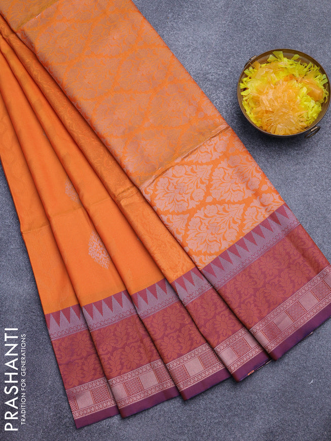 Semi soft silk saree orange and dual shade of rust with allover zari weaves and zari woven border