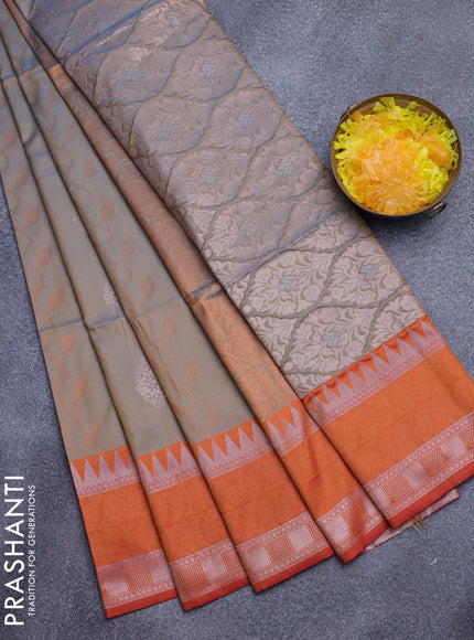 Semi soft silk saree beige and sunset orange with allover zari weaves and zari woven border