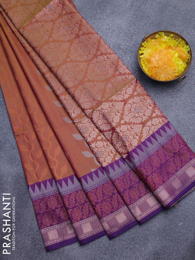 Semi soft silk saree dual shade of greenish pink and dual shade of purple with allover zari weaves and zari woven border