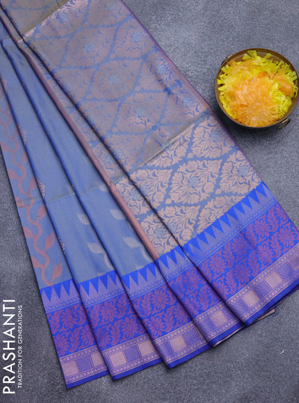 Semi soft silk saree dual shade of bluish grey and blue with allover zari weaves and zari woven border