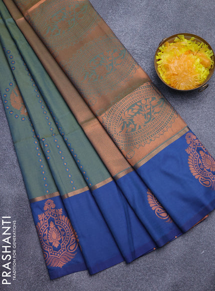 Semi soft silk saree dual shade of green and blue with allover thread & copper zari weaves and copper zari woven butta border