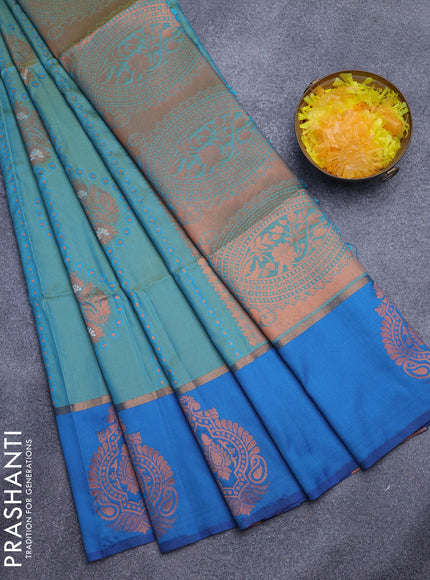 Semi soft silk saree dual shade of teal blue and cs blue with allover thread & copper zari weaves and copper zari woven butta border