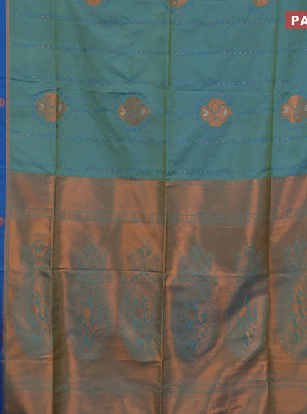 Semi soft silk saree dual shade of teal blue and cs blue with allover thread & copper zari weaves and copper zari woven butta border