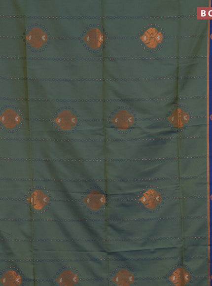 Semi soft silk saree dual shade of green and blue with allover thread & copper zari weaves and copper zari woven butta border