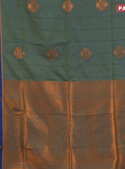 Semi soft silk saree dual shade of green and blue with allover thread & copper zari weaves and copper zari woven butta border