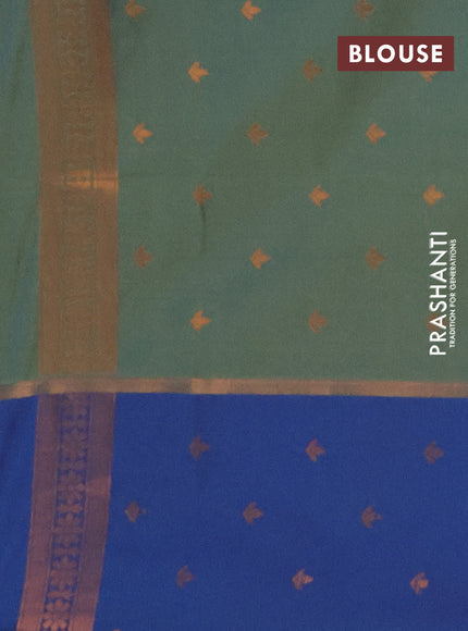 Semi soft silk saree dual shade of green and blue with allover thread & copper zari weaves and copper zari woven butta border